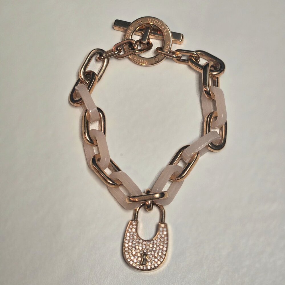 Michael Kors Heritage Pave Padlock Bracelet Rose Gold Tone Link 8"